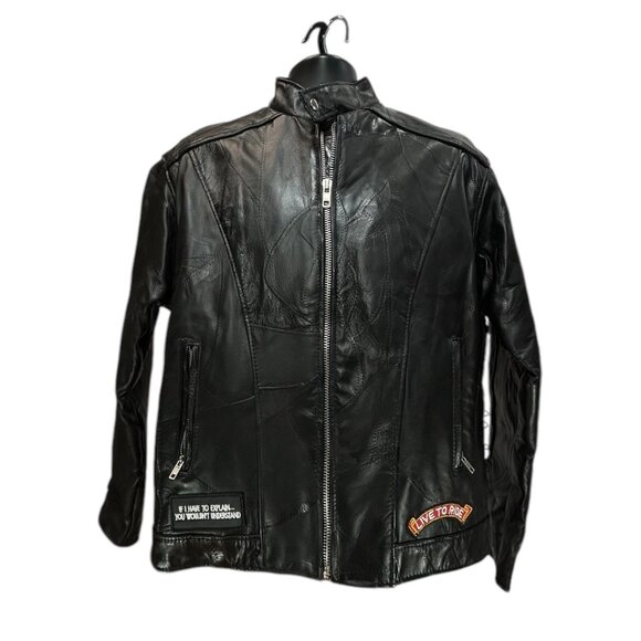 DIAMOND PLATE Buffalo Genuine Leather Biker Jacket Mens M Customized Patches - Picture 8 of 9